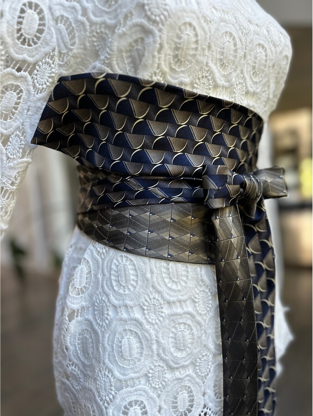 Upcycled Silk Obi Wrap Belt | Corset Waist Belt | OOAK | OS | Navy & Gray